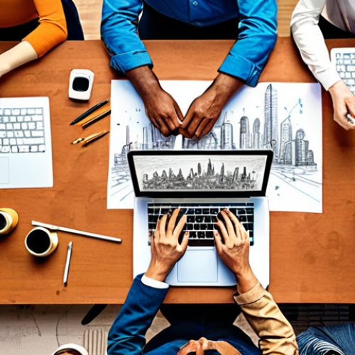 Home 11 **A vibrant, diverse group of people collaborating around a table covered in sketches and laptops, symbolizing the dance of innovation. Include elements of a cityscape in the background, representing a creative future.**