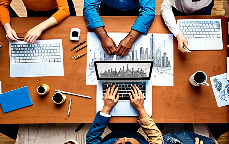 **A vibrant, diverse group of people collaborating around a table covered in sketches and laptops, symbolizing the dance of innovation. Include elements of a cityscape in the background, representing a creative future.**