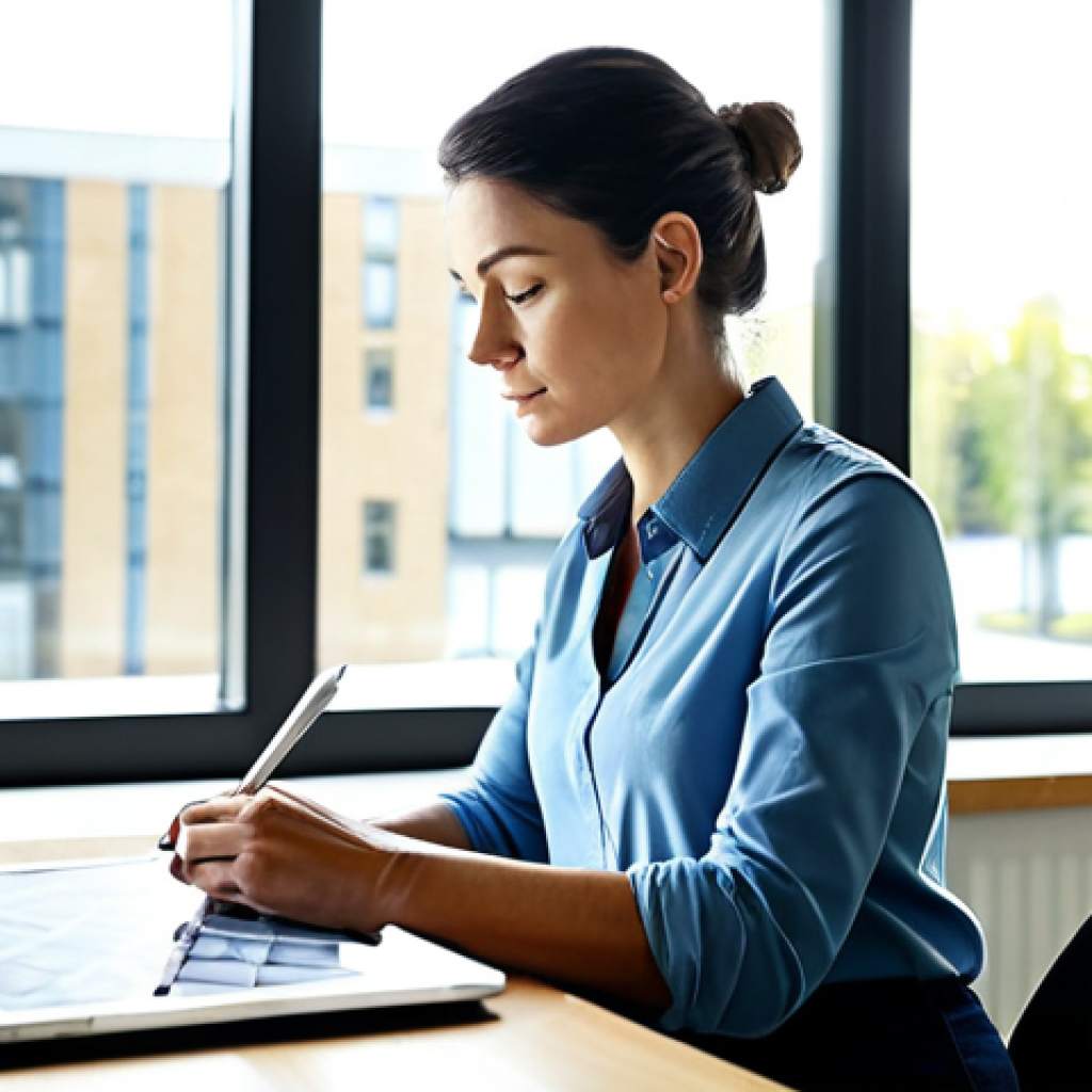 A professional adult female graphic designer, wearing a modest business casual outfit, is seated at a modern, clean desk in a bright, open-plan office. She is thoughtfully sketching on a digital tablet with a stylus, demonstrating creative interpretation and human artistic skill. Sunlight streams through large windows in the background, illuminating the workspace. Perfect anatomy, correct proportions, natural pose, well-formed hands, proper finger count, natural body proportions. Safe for work, appropriate content, fully clothed, professional dress, high quality, professional photography.