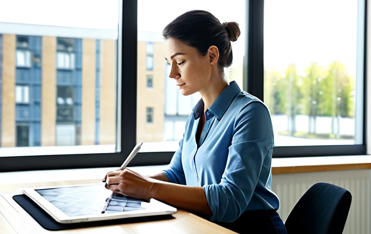 A professional adult female graphic designer, wearing a modest business casual outfit, is seated at a modern, clean desk in a bright, open-plan office. She is thoughtfully sketching on a digital tablet with a stylus, demonstrating creative interpretation and human artistic skill. Sunlight streams through large windows in the background, illuminating the workspace. Perfect anatomy, correct proportions, natural pose, well-formed hands, proper finger count, natural body proportions. Safe for work, appropriate content, fully clothed, professional dress, high quality, professional photography.