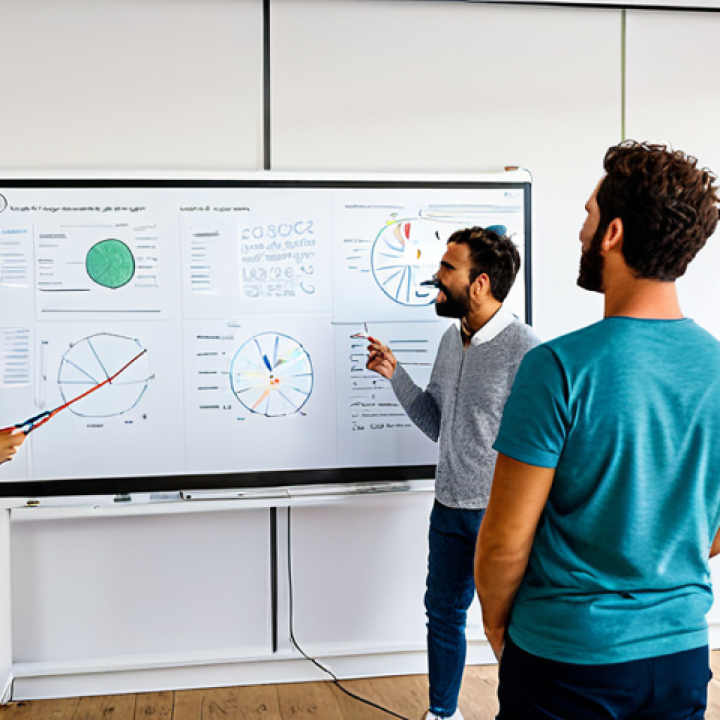 **
"A diverse group of people collaborating around a large digital whiteboard in a bright, modern co-working space in Lisbon. They are sketching ideas and pointing at data visualizations related to sustainable energy solutions. The atmosphere is energetic and positive. Everyone is fully clothed in appropriate attire. Safe for work, appropriate content, family-friendly, perfect anatomy, natural proportions, professional setting, high-quality rendering, showcasing innovation and teamwork in Portugal."
**