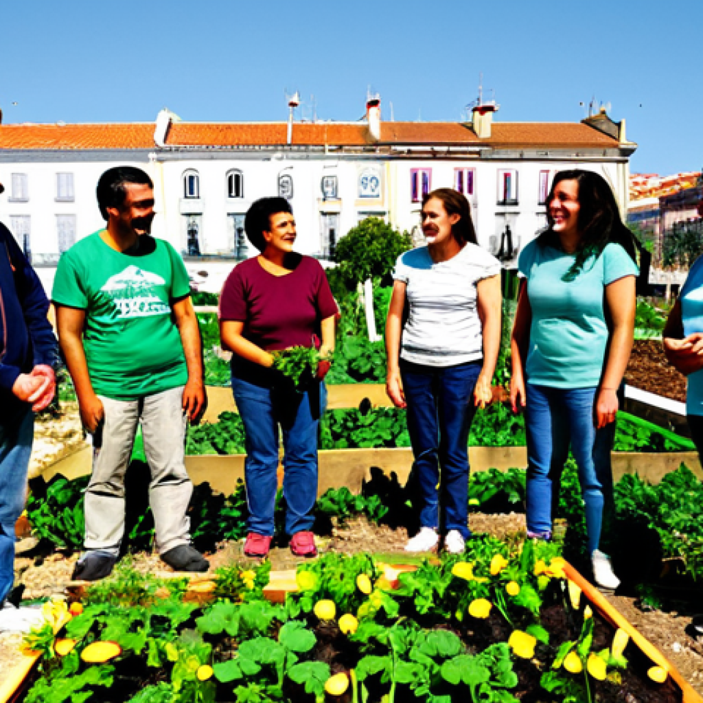 Revitalizing a Local Garden**
"A group of diverse Lisbon residents, fully clothed in appropriate gardening attire, working together to revitalize a community garden in a sunny urban setting. Some are planting flowers, others are tending to vegetable patches, and others are chatting and laughing. Include typical Portuguese architecture in the background. Emphasis on collaboration and community spirit. Perfect anatomy, natural poses, well-formed hands, proper finger count. Safe for work, appropriate content, fully clothed, professional photography, family-friendly."
**