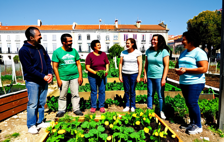 Revitalizing a Local Garden**
"A group of diverse Lisbon residents, fully clothed in appropriate gardening attire, working together to revitalize a community garden in a sunny urban setting. Some are planting flowers, others are tending to vegetable patches, and others are chatting and laughing. Include typical Portuguese architecture in the background. Emphasis on collaboration and community spirit. Perfect anatomy, natural poses, well-formed hands, proper finger count. Safe for work, appropriate content, fully clothed, professional photography, family-friendly."
**