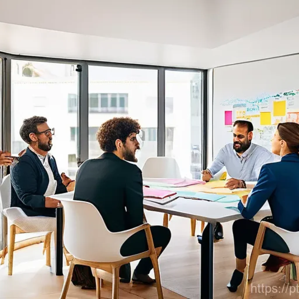 집단지성을 활용한 기업 혁신 전략 - **Prompt 1: Diverse Portuguese Professionals Collaborating in a Modern Office**
"A vibrant and d...