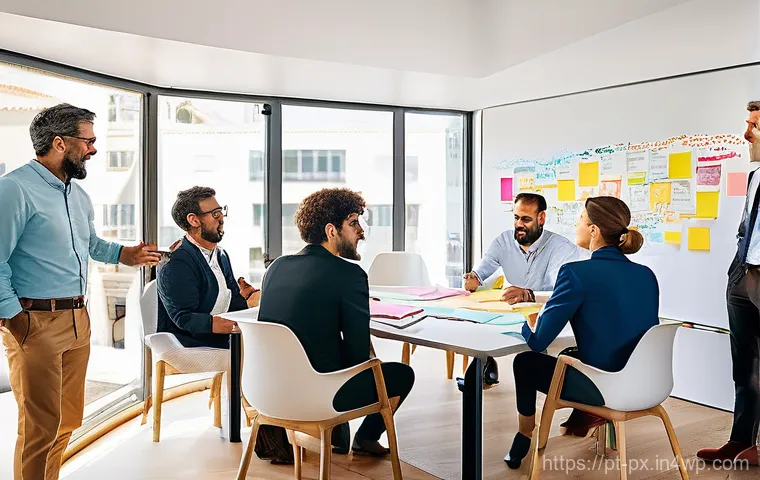 집단지성을 활용한 기업 혁신 전략 - **Prompt 1: Diverse Portuguese Professionals Collaborating in a Modern Office**
"A vibrant and d...