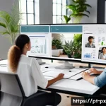 Home 21 온라인 집단지성 도구 추천 - A modern remote work office setting with a diverse team of professionals using integrated communicat...