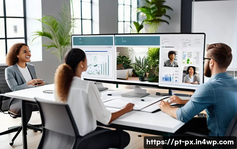 온라인 집단지성 도구 추천 - A modern remote work office setting with a diverse team of professionals using integrated communicat...